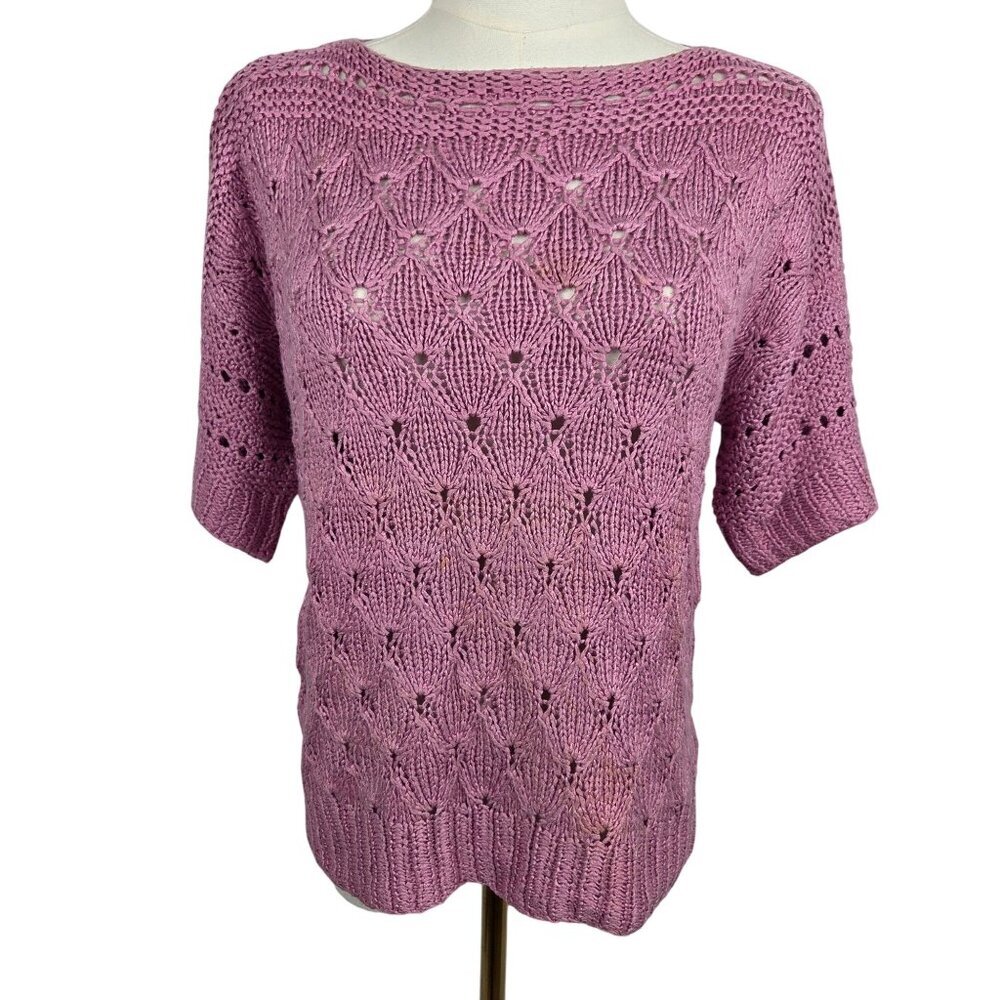 Hand Knit Vintage Short Sleeve Sweater Size M or L Lavender Textured Knit Y2K